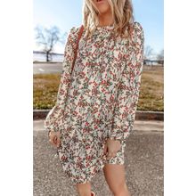 White Floral Printed Long Sleeve Mini Dress