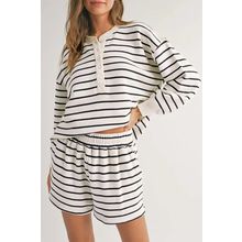 Black white Stripes Printed Half Button Long Sleeve Top and Shorts Set