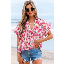 Pink Floral Boxy Fit Ruffled Short Sleeve V Neck Blouse