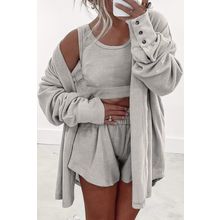 Gray 3 Pcs Crop Tank Top Shorts with Cardigan Lounge Set