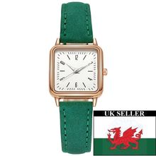 Ladies 2.3 cm White Square Face Steel Back Green Suedette Strap Watch