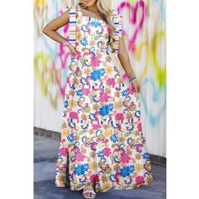 Rose Red Striped Trim Self-tie Straps Floral Maxi Dress