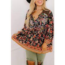 Black Plus Size Paisley Floral Print V Neck Bubble Sleeve Blouse