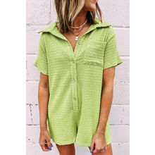 Meadow Mist Green Textured Short Sleeve Patched Pocket Buttoned Shirt Romper