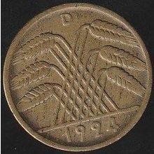 1924 D Germany 10 Rentenpfennig Coin