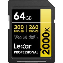 Lexar 64GB Professional 2000X SD Card, UHS-II, C10, U3, V90, Full HD, 8K, up to