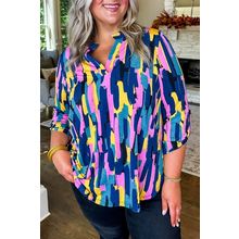Blue Plus Size Brushstroke Print 3/4 Sleeve Blouse