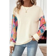 Apricot Geometric Printed Patchwork Long Sleeve Round Neck Top