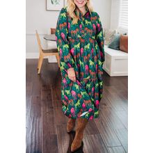 Green Horse Printed Long Sleeve Collared Buttoned Plus Size Midi Dress