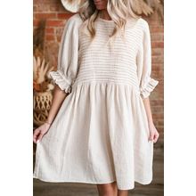 White Textured Ruffled Puff Sleeve Loose Dress