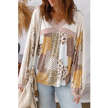 White Floral Printed Contrast Patchwork Long Sleeve Top