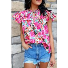 Rose Ruffle Flutter Sleeve Floral Print Blouse