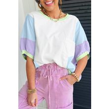 White Color Block Patchwork Half Sleeve Oversized T Shirt
