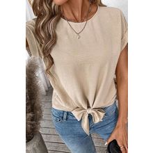 Parchment Solid Color Knotted Hem Short Sleeve Blouse