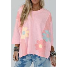 Pink Flower Patched Exposed Seam Bracelet Sleeve Oversized T Shirt