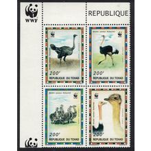 Chad Birds WWF North African Ostrich Corner Block of 4 1996 MNH