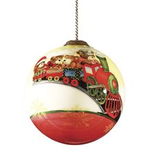 Teddy on Toy Train Hand Painted Mouth Blown Glass Ornament