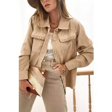 Light French Beige Solid Frilled Flap Pocket Button Up Corduroy Shacket