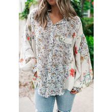 Purple Boho Floral Bishop Sleeve Button Up Loose Shirt