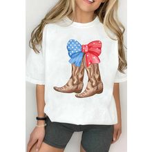 White Patriotic Bow Cowgirl Boots Printed Cotton Blend T Shirt