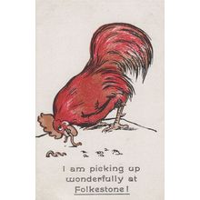 Farm Bird Hen Eating Worm at Folkestone Kent Antique Comic Postcard