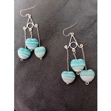 Silver Chandelier Blue Glass Heart Drop Earrings
