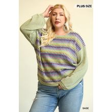 Women's Novelty Knit And Solid Knit Mixed Loose Top With Drop Down Shoulder