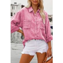 Pink Mineral Wash Crinkle Textured Chest Pockets Shirt