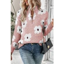 Pink Floral Pattern Half Zip Drop Shoulder Sweater
