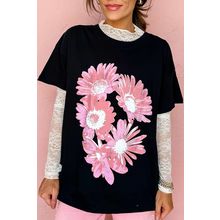 Black Pink Daisy Flower Printed Cotton Blend T Shirt