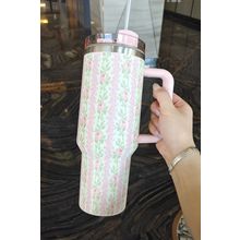 Pink Flower Print Large Insulated Tumbler with Handle 40oz