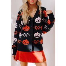Black Halloween Pumpkin Bow Knit Button V Neck Sweater Cardigan