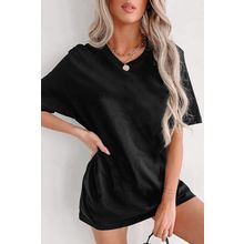 Black Solid Color Round Neck Basic Tunic T Shirt