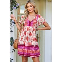 Rose Boho Floral Short Sleeve Lace-up V Neck Mini Dress