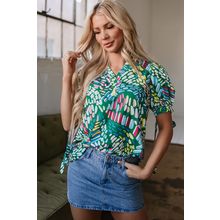 Green Brushwork Geometric Print Puff Sleeve Notched Neck Blouse