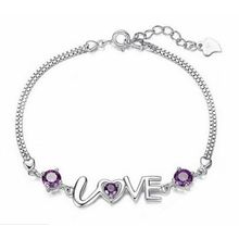Silver Purple Amethyst LOVE Hearts Bracelet with Free Gift Bag