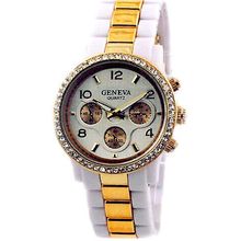Lady Watch - Two-tone Metal Band w/ Rhinestone Accent - White/Gold - WT-MN700...