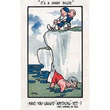 Children Catching Man Not Fish Mountain Shark Fishing Old Comic Postcard