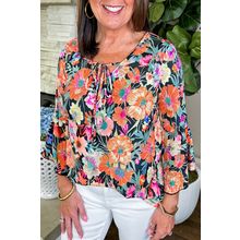 Black Floral 3/4 Flare Sleeve Tied V Neck Blouse