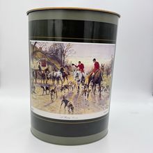English Metal Waste Basket, 1960s Fox Hunting Lithograph Green 13”Hx10”x8”