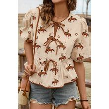 Apricot Cowboy Print Puff Sleeve Bowknot Peplum Blouse
