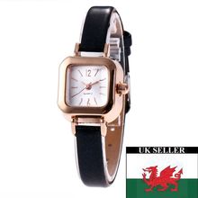 Ladies Girls Small Petite Silver Square Face Gold Bezel Black Narrow Strap Watch