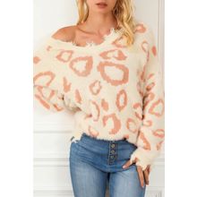 Leopard Animal Print Distressed Trim Fuzzy Sweater