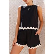 Black Ricrac Trim Tank Top Elastic Waist Shorts Set