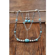 Silvery Western Turquoise Beaded Necklace and Earring Set