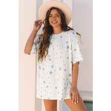 Sky Blue Stars Print Drop Shoulder Oversized T Shirt with Slits