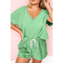 Mint Green Plus Size V Neck Tee Patched Pocket Drawstring Shorts Set