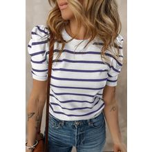 Blue Stripe Ribbed Trim Round Neck Bubble Sleeve Knitted Top