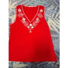 womens red stretchy top no tag estimate size 16, chest approx 104cm