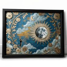 Lunar Art Print Gold And Blue Floral Wall Art Full Moon Artwork Celestrial Art (